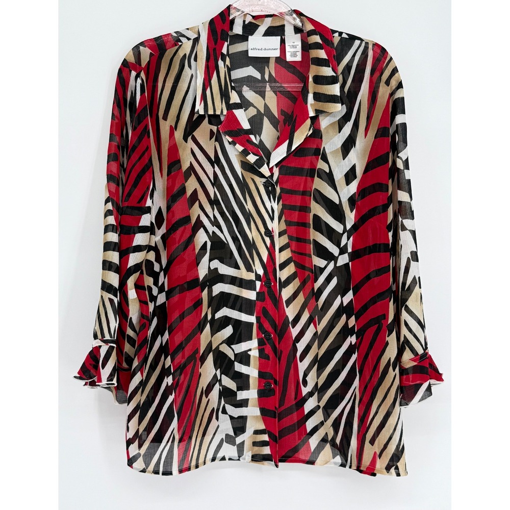 Alfred Dunner Womens Red Black Abstract Geometric Button Down Blouse Sz 18
